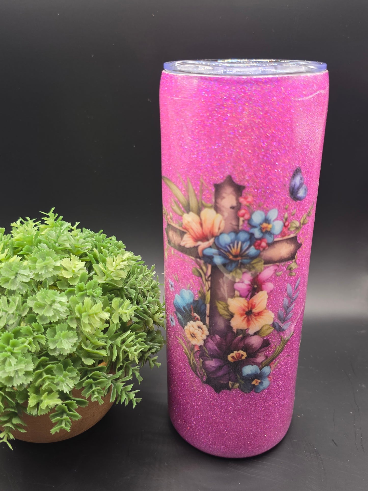 Pink Glitter Cross 20oz Tumbler