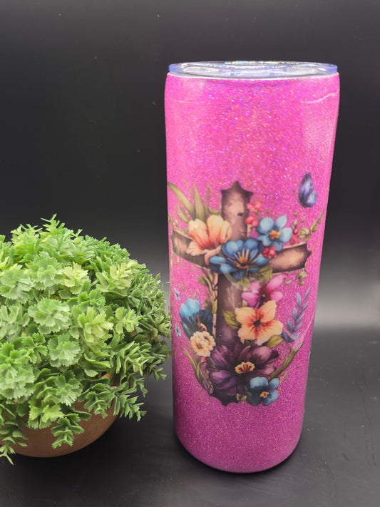 Pink Glitter Cross 20oz Tumbler